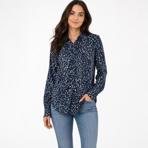 Ann Taylor Silk Blend Animal Print Button Front Blouse Blue White Size 6